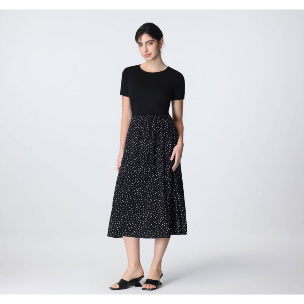 Women's A New Day Short Sleeve Contrast Midi Dress Black Polka Dots Large